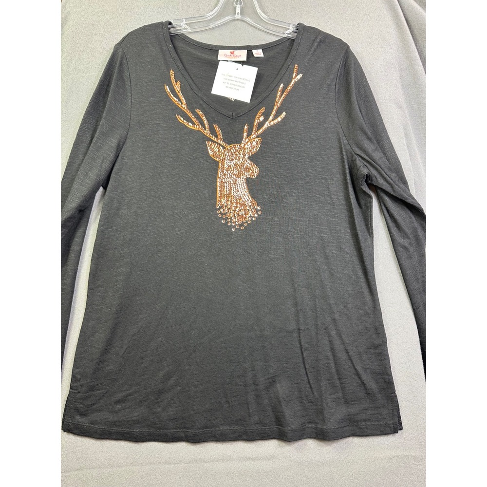 Quacker Factory Women Grey Sequin Reindeer Antler Long Sleeve V-Neck Top Medium